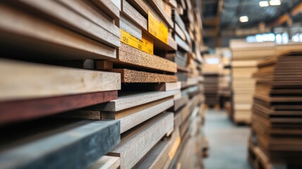 Obraz premium Stacked Plywood and Wood Products in a Warehouse