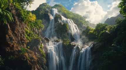 Majestic Waterfall Cascading Down Lush Tropical Cliffs