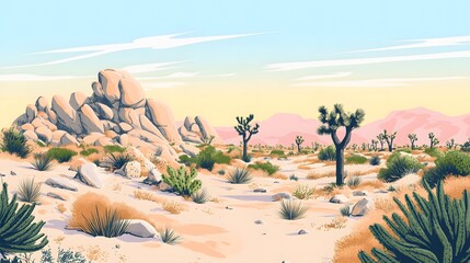 Desert Landscape with Joshua Trees and Rocks