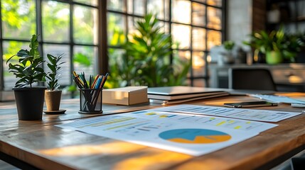 A contemporary coworking area with sleek group desks, colorful brainstorming charts, and detailed financial data sheets laid out, surrounded by modern ergonomic chairs, bright natural lighting,