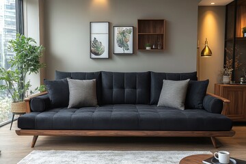 Modern small living room with black sofa bed, wooden legs, end table, sideboard, coffee mug, and decorative items, warm colors, white rug, cozy home interior design.