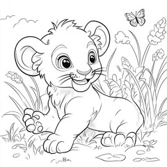 Adorable Lion Cub Playing in Grassland Scene
