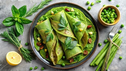 Obraz premium Savory green chickpea crepes: spinach, avocado, and pesto perfection. Top-view food photography.