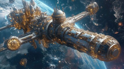 Fototapeta premium Golden Space Citadel: A Celestial Metropolis in Orbit