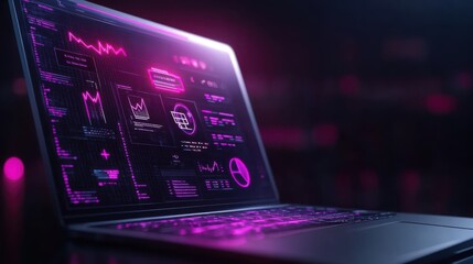 Modern Laptop Displaying Data Analytics with Neon Pink Graphics and Digital Interface