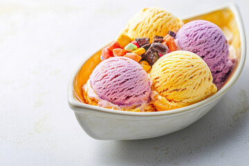 Fototapeta premium Colorful ice cream sundae in boat shaped dish with toppings isolated design on white background