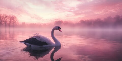 Fototapeta premium Elegant swan swimming at sunrise in pink mist