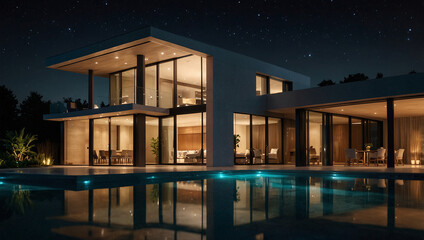 A modern house with large windows, a pool, and landscaping at night. 