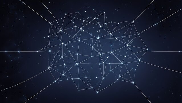 A geometric constellation drawn with thin, connected lines and glowing dots representing stars.