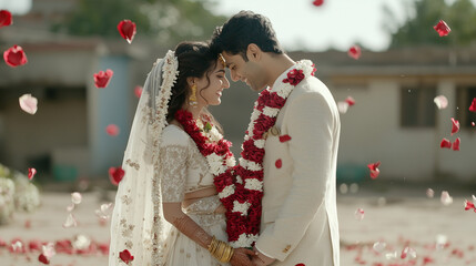 Forever in Bloom: A romantic Indian wedding couple shares a tender moment amidst falling rose petals, their love story unfolding in a picturesque outdoor setting.  