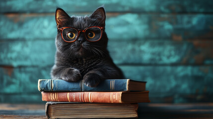 Sophisticated black cat wearing glasses sitting on stacked books with a rustic background