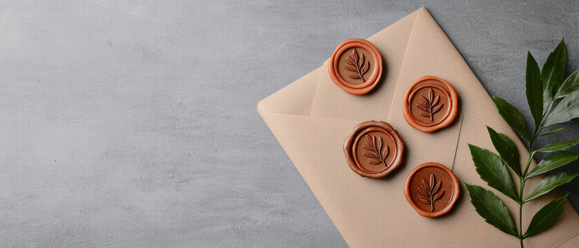 Natural Wax Plant Product. Sealing wax stamps on an envelope with greenery accents.