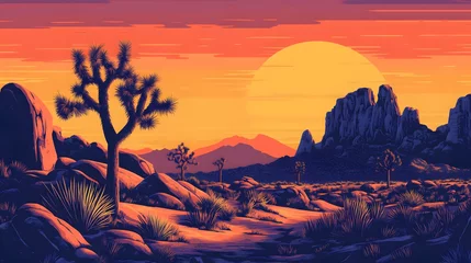 Fototapete Rund Desert Sunset Landscape With Joshua Trees And Rocks © irawan