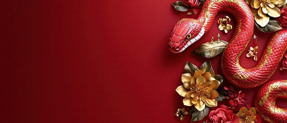 Fototapeta premium Festive snake illustration with red and gold accents, honoring Lunar Chinese New Year 2025