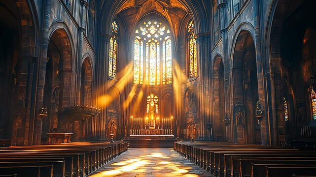 Sunlight streams through stained glass windows of a gothic cathedral