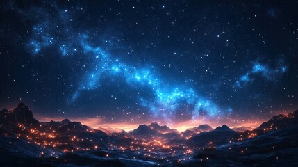 Fototapeta premium Vibrant night sky over a mountainous landscape with glowing city lights.