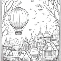 Hot Air Balloon Soaring Over Fairytale Village