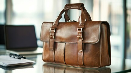A close-up of a polished brown leather business briefcase with sturdy handles and subtle stitching placed on a modern glass desk beside a laptop and financial documents in a corporate office.