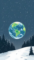 Naklejka premium the earth at the December solstice, hand-drawn digital illustration, with white tones