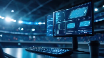 Sports Analytics Software Interface Displayed on Computer Monitor in a Modern Stadium Setting