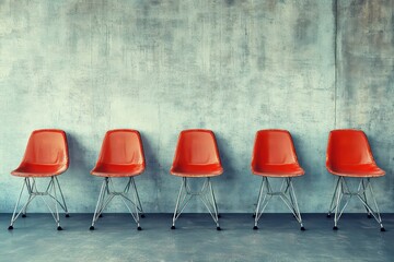 A creative composition featuring a row of identical chairs, each evenly spaced, against a textured gray background for an industrial yet polished look.