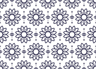 Seamless dark blue line lotus blooming on white background, ethnic fabric seamless pattern, design for cloth, carpet, batik, wallpaper, wrapping etc.