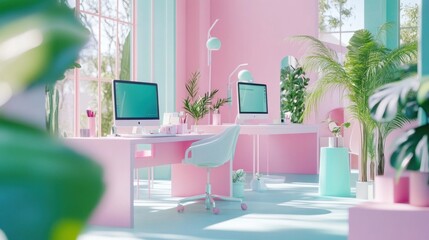 Pastel pink and mint office interior with plants and computers.