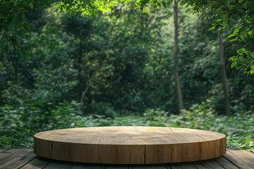 Round wooden platform in lush green forest.