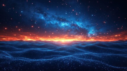Vibrant sunset over a glowing, particle-filled ocean under a starry night sky.