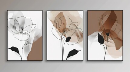 Set of three vertical posters featuring minimalist flower with delicate smoky Line Art, Each poster showcases the elegance of the simple floral design with artistic smoky lines, Minimalist flower patt