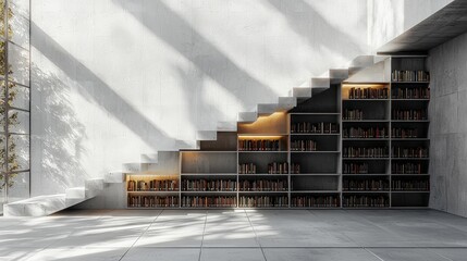 Minimalist staircase with built-in bookshelf illuminated by natural light in a modern home