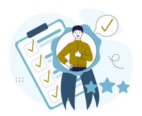 Product quality man. Young guy with quality badge. Clipboard with tasks, checklist. Safety and protection. Product quality assessment. Award and reward. Linear vector illustration