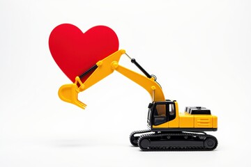 Fototapeta premium Adorable Yellow Excavator Holding a Red Heart - Perfect for Valentine's Day, Love, and Construction Themed Gifts