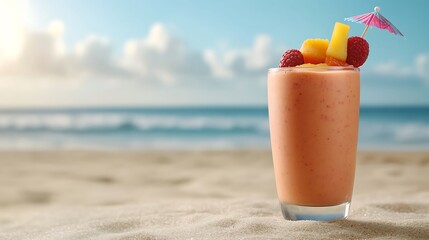 Obraz premium Tropical fruit smoothie on beach.