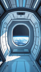 Obraz premium White blue spaceship futuristic interior with window view on planet Earth 3d rendering, comic art