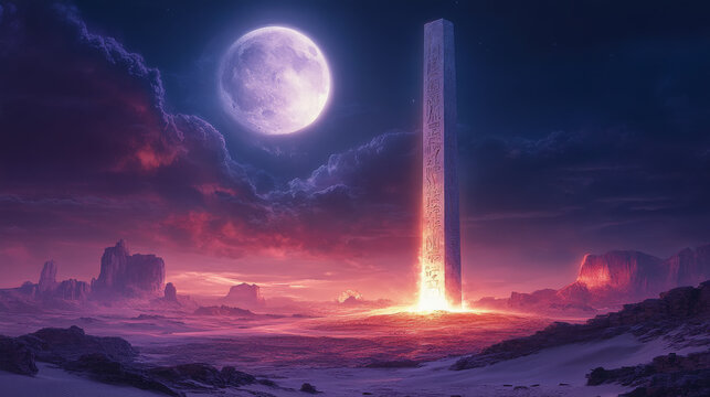 Hieroglyph-covered obelisk glowing faintly under the light of a full moon in a mystical pink desert landscape