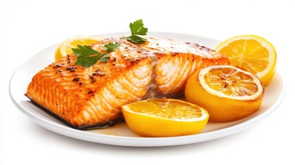 Freshly Grilled Salmon Fillet Served with Juicy Lemon Wedges on a White Plate Garnished with Fresh Parsley for a Flavorful Culinary Experience