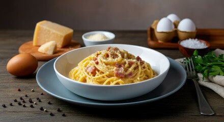 Delicious spaghetti carbonara with cheese, bacon, eggs, pepper, and parsley