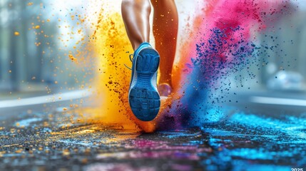 Runner's legs and shoes in motion, surrounded by a vibrant explosion of colorful powder.