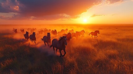 Fototapeta premium A group of horses galloping through a golden field at sunset, creating a dramatic scene.
