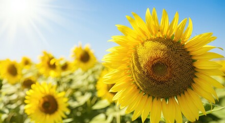 Fototapeta premium Bright sunflowers in sunlit field under blue sky