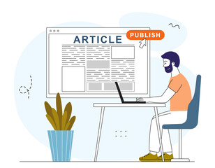 Publication of article. Man with laptop uploads article on Internet to website. Copywriter and content creator. Journalist and mass media. Digital document. Linear vector illustration