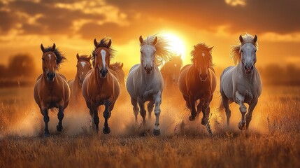 Obraz premium A group of horses galloping towards the sunset in a golden field.