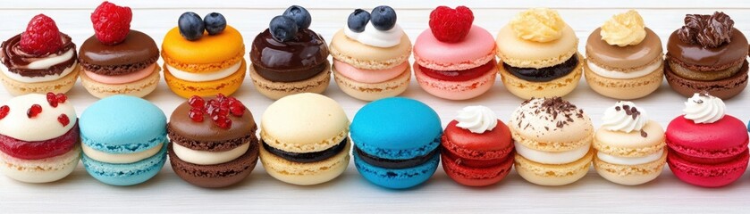 Fototapeta premium Colorful Collection of Delicious Macarons Displayed on a White Wooden Surface, Perfect for Sweet Treat or Dessert Lover's Inspiration and Culinary Art