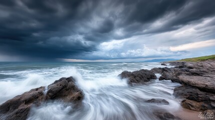 Fototapeta premium Dramatic Seascape with Dark Storm Clouds Rolling Over Ocean Waves and Rocky Shoreline