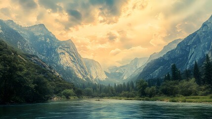 Majestic Mountain Valley River Landscape Sunset Scene
