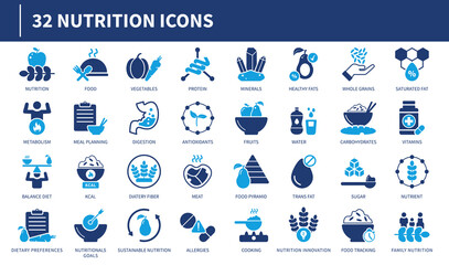 Icon collection of nutrition designs including food health vitamins and dietary elements in a clean and modern style

