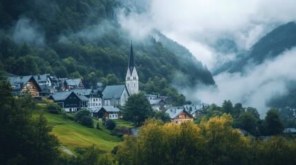 Fototapeta premium Misty Mountain Village: A Serene Alpine Escape
