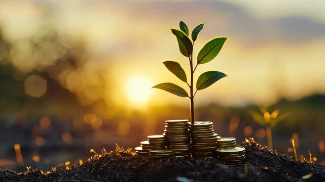 Growth and Prosperity: A Captivating Image of a Young Plant Emerging from Piles of Gold Coins at Sunset