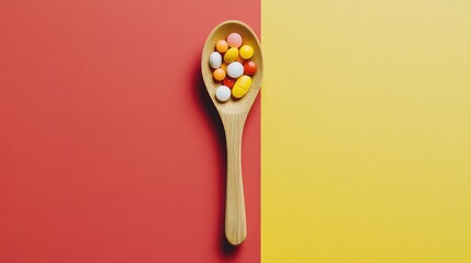 Top view of a wooden spoon with assorted vitamin and mineral pills, resting on a colored background, bold colors and clean lines, ample copy space